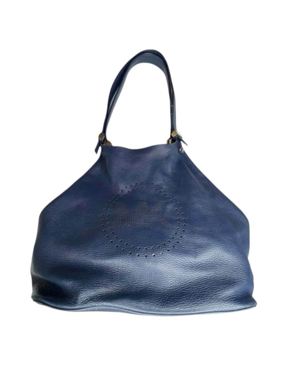 Michael Kors 𖦹 MK Perforated Logo Grab Bag Handbag 𖦹 Navy Pebbled Leather 𖦹 - Picture 14 of 16